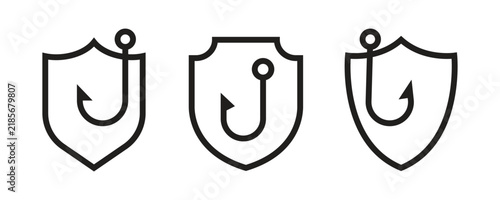 Anti Phishing Shield Hook Outline Icon Set.