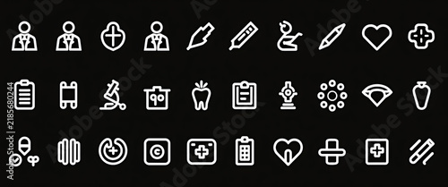 Medical icons set with white symbols on black background for healthcare and science.