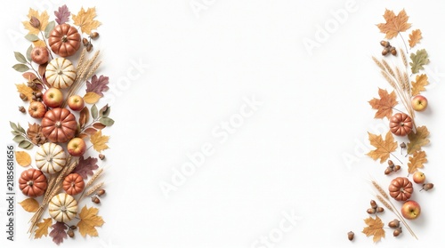 Watercolor Thanksgiving border background with autumn leaves and pumpkins for festive holiday design