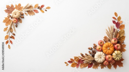Watercolor Thanksgiving border background with autumn leaves and pumpkins for festive holiday design
