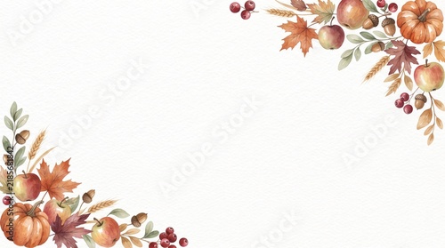 Watercolor Thanksgiving border background with autumn leaves and pumpkins for festive holiday design