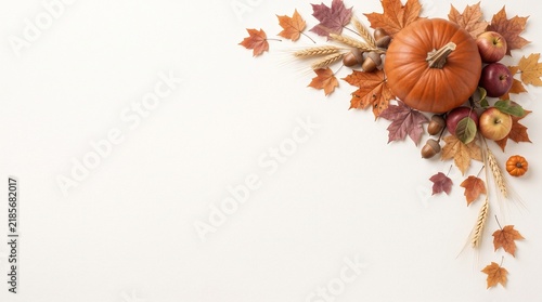 Watercolor Thanksgiving border background with autumn leaves and pumpkins for festive holiday design