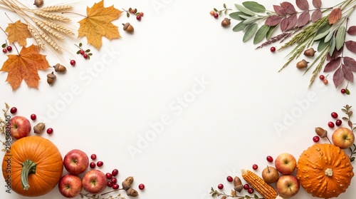 Watercolor Thanksgiving border background with autumn leaves and pumpkins for festive holiday design