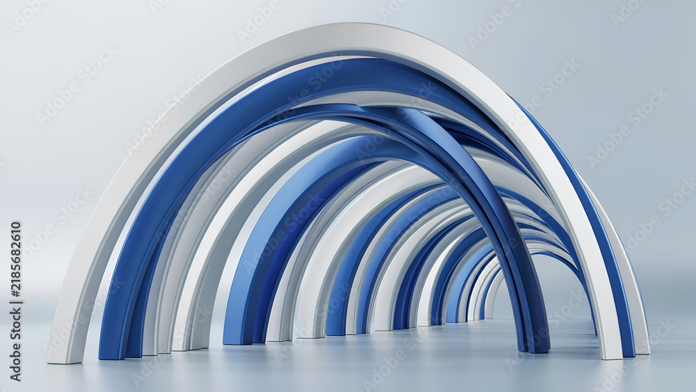Obraz premium Abstract architectural structure with repeating blue and white curved arches forming a tunnel on a light grey background