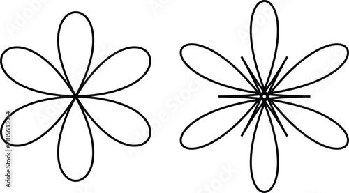 黒い線画花とスターバースト アイコンセット 透明背景 PNG 切り抜き 背景透過