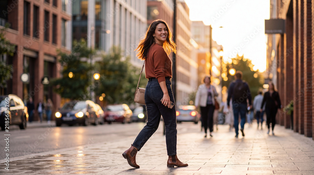 Obraz premium A young woman with dark hair, smiling, walking on a sidewalk next to a street with blurred cars and buildings. The sun is setting, casting a warm golden light on the scene.