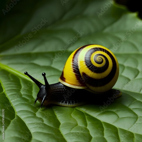 Macro portrait of a yellow and black spiral snail
