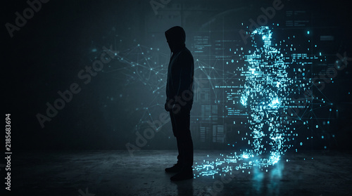 Silhouette of man standing near digital human hologram with data particles.