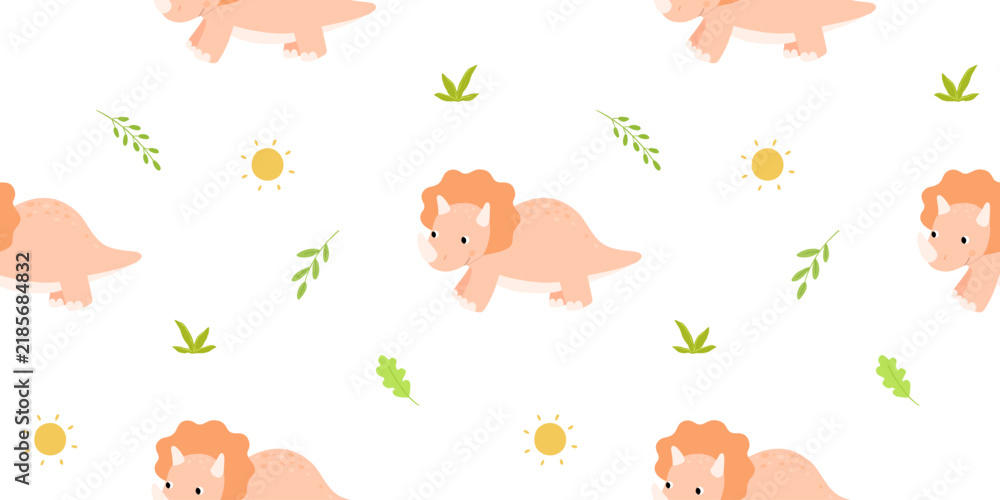 Obraz premium Cute pink dinosaurs vector seamless pattern. Repeating nursery background for baby textiles. Backdrop with triceratops for childish fabric print.
