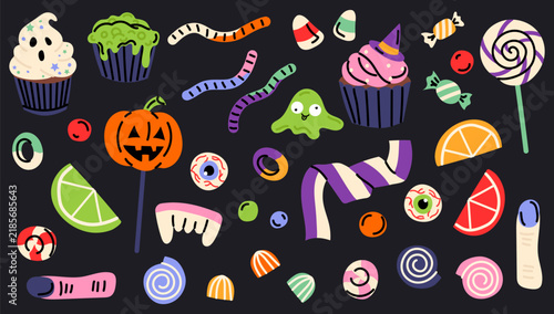 Halloween sweets and candies. Gummy worms. Set Halloween treats muffin, lollipops and gummy candies. Flat vector illustration on dark background.