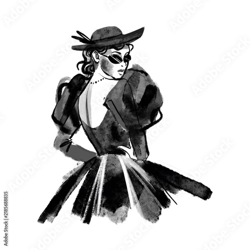 Fashion Woman In Hat And Sunglasses Black Ink Watercolor Sketch