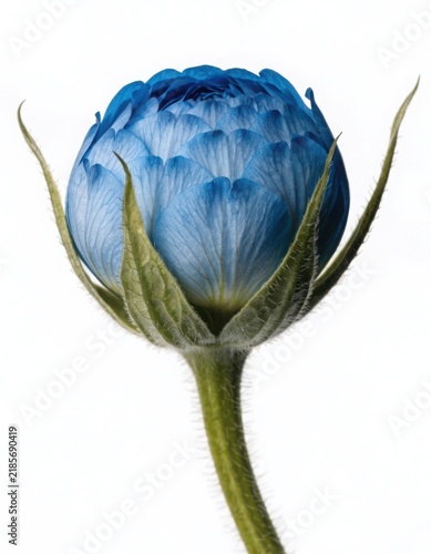 Beautiful single blue rose bud just starting to bloom on a green stem