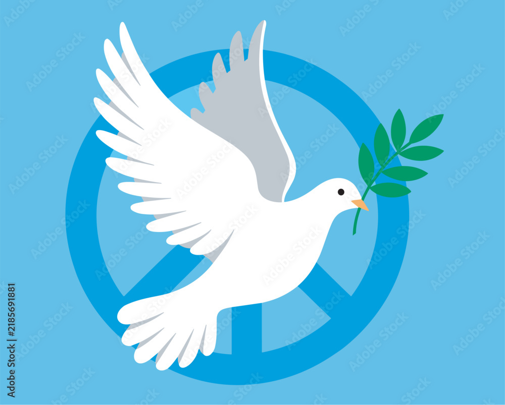Obraz premium White Peace Dove Flying with Green Olive Branch in Beak Over Blue Peace Sign Symbol for International Day of Peace Celebration Designs