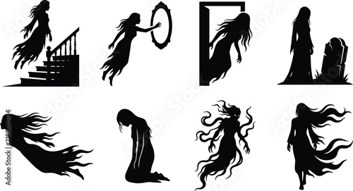 Canvastavla Spooky Female Ghost Silhouette Vector Set with Flying Spirits, Haunted Stairs, M