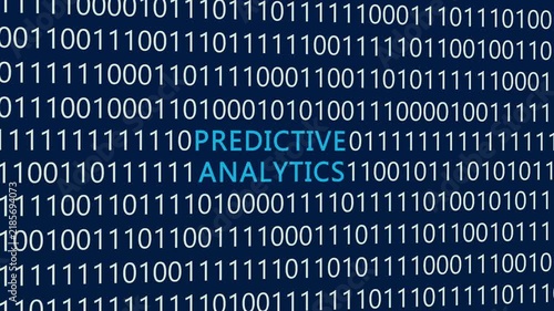 Predictive analytics text or word with digital binary animation background, designed for an illustrative digital world technology concept representing data forecasting, machine learning intelligence, 
