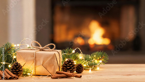 Warm christmas gift with garland pine cones and cinnamon sticks
