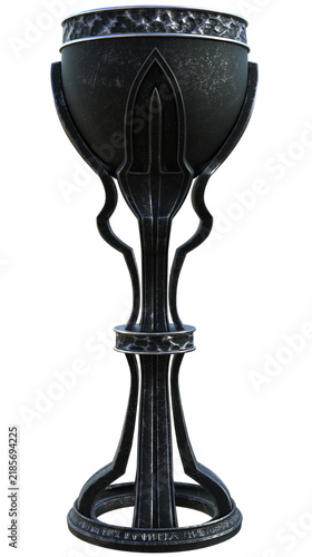 Dark ornate goblet with carved handles and engraved runes, a fantasy medieval chalice, game asset design, on isolated background. 3D Illustration