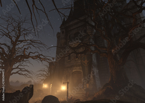 3D rendered dark gothic castle stands amid bare trees and fog at night, illuminated by two glowing lanterns at the entrance. 3D illustration.