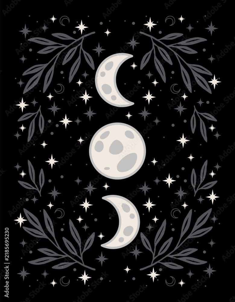 Obraz premium Celestial poster with moon phases, stars and botanical leaves on a black background. Magic esoteric vector illustration perfect for gothic t-shirt print, tarot card design and spiritual home decor.