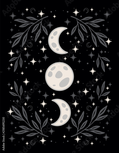 Celestial poster with moon phases, stars and botanical leaves on a black background. Magic esoteric vector illustration perfect for gothic t-shirt print, tarot card design and spiritual home decor.