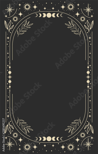 Celestial frame with moon phases, stars and suns on a dark background. Esoteric magical border card perfect for zodiac invitations, tarot covers and spiritual social media stories.