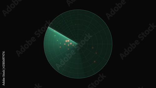 Foto Minimal radar screen with sweep beam and orange target blips on black, concept o