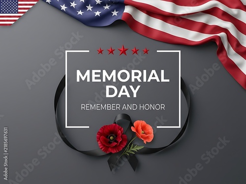 Memorial day background with american flag, black ribbon, and red poppies