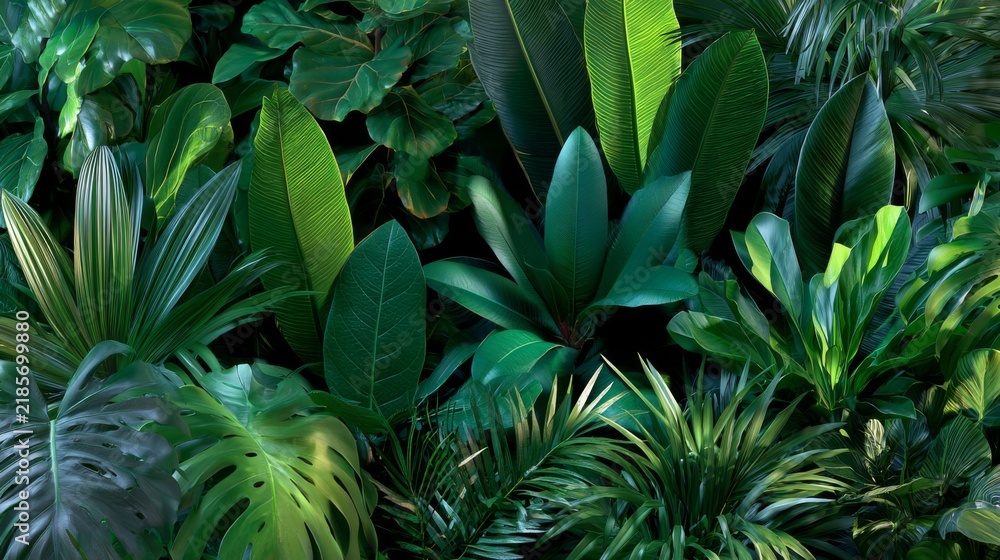 Obraz premium Lush Green Tropical Foliage Background Featuring Various Types of Leaves in Rich Shades of Green for Use in Nature-Inspired Designs and Projects