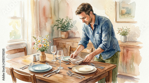Young man setting a dining table with plates and glasses at home  