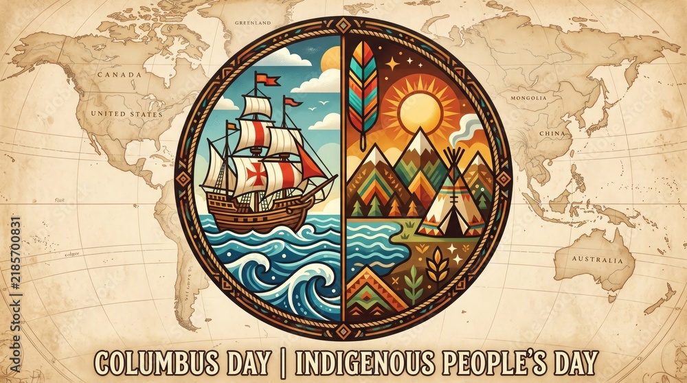 Obraz premium Columbus day and indigenous peoples day concept art featuring a split design with a historic sailing ship on one side and a traditional tipi with mountains on the other against a world map