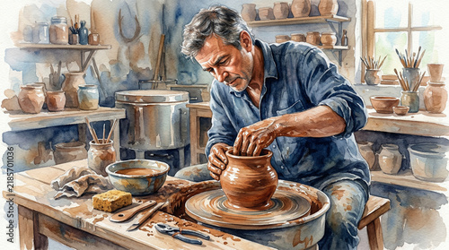 Mature man shaping pottery on a wheel in a sunlit studio   