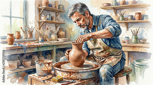 Older man crafting pottery on a wheel in an artisan workshop  