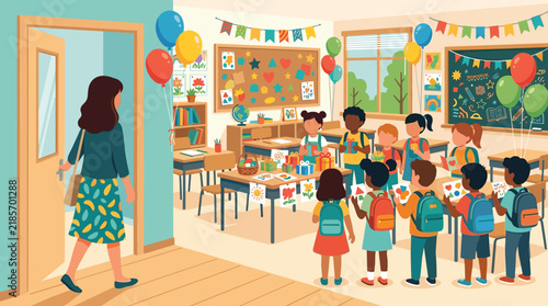 Diverse young students learning in a colorful classroom with teacher welcoming them
