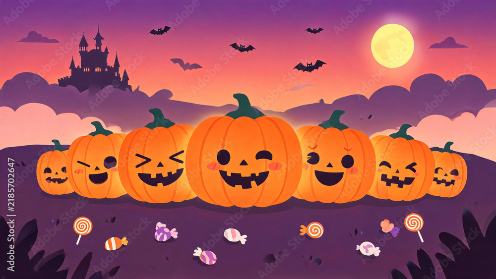 Fototapeta premium Cute Halloween pumpkins with candies pink purple sunset illustration