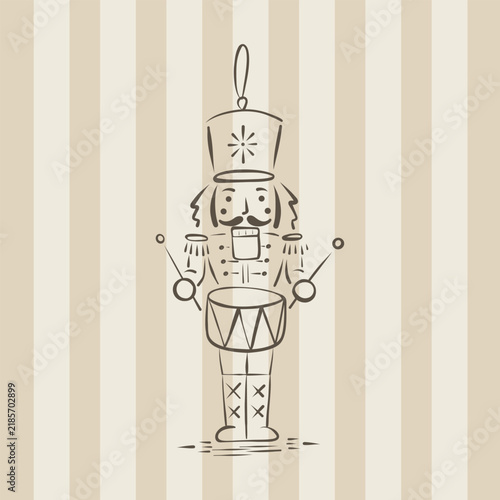 Christmas Nutcracker, line drawing. Perfect for cards, packaging, posters, stickers and textiles. on beige striped background