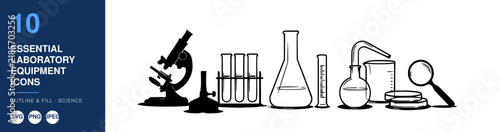 Laboratory Equipment Icons Set, Essential Science Tools, Outline and Fill Design, Scientific Illustration