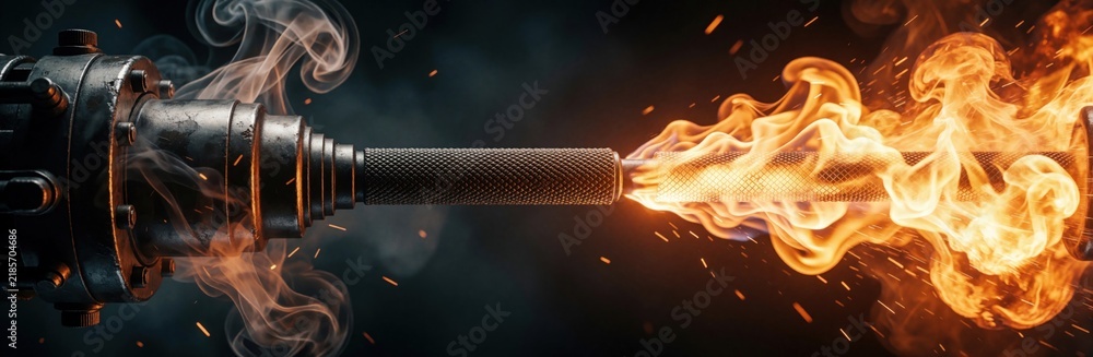 Obraz premium Close-up industrial mechanism part smolders with smoke, sparks. Bright orange flames erupt from metallic pipe section, showing intense heat, imminent danger. Concept for crisis, conflict, explosion.