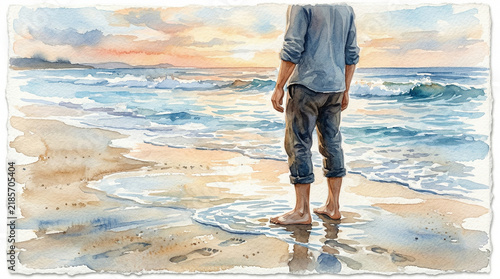 Young man standing barefoot by the ocean at sunset  