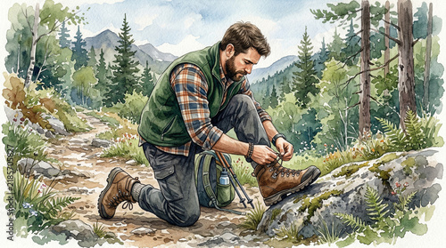 Man tying hiking boots on a forest trail surrounded by mountains  