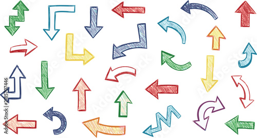Various bold brush drawn curved arrows. Collection doodle marker thick arrows in different directions. Hand drawn vector direction pointers. Curved and wavy brush strokes