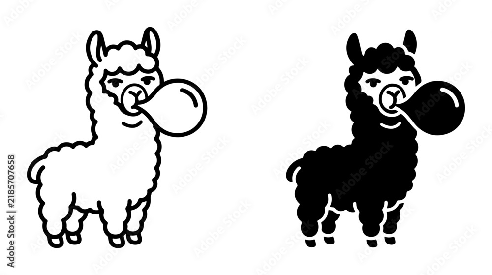 Fototapeta premium Cute Llama Bubble Gum Vector Icons, Black and White Alpaca Characters, Playful Animal Graphics for Kids and Branding
