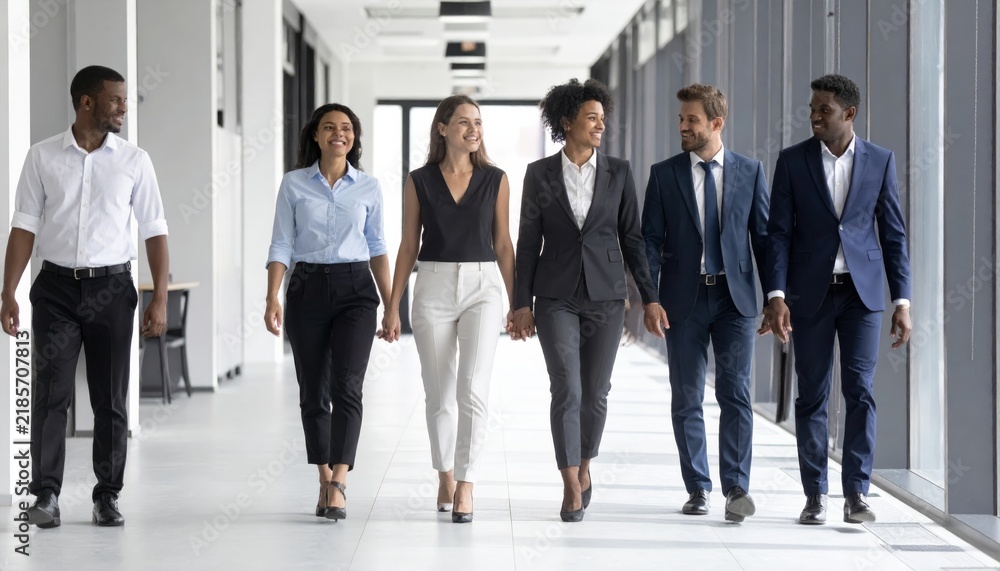 Fototapeta premium Businesspeople in Suits Walking Through a Modern Airport Corridor, Professional Corporate Team Traveling Together and Collaborating in a Business Environment