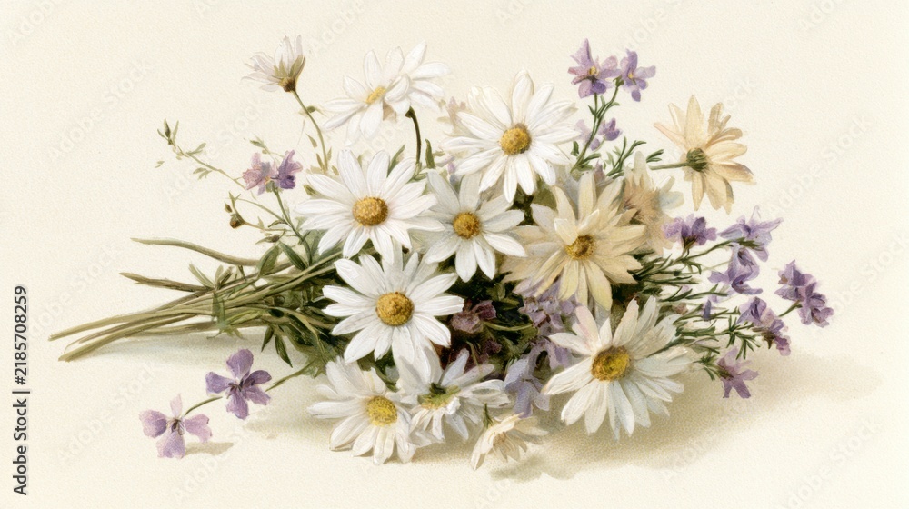 Obraz premium Daisy bouquet arranged in still life on cream background