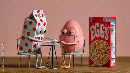 Cute 3D animated breakfast characters milk carton and egg with eyes sitting at cafe table, cartoon style