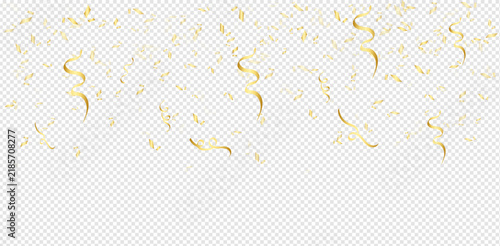 Golden Confetti and Streamers Falling on Transparent Background for Festive Celebration, Birthday Party, New Year Event, Luxury Decoration Vector Graphic