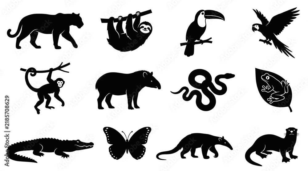 Obraz premium Amazon rainforest animal silhouettes set featuring exotic wildlife species in black