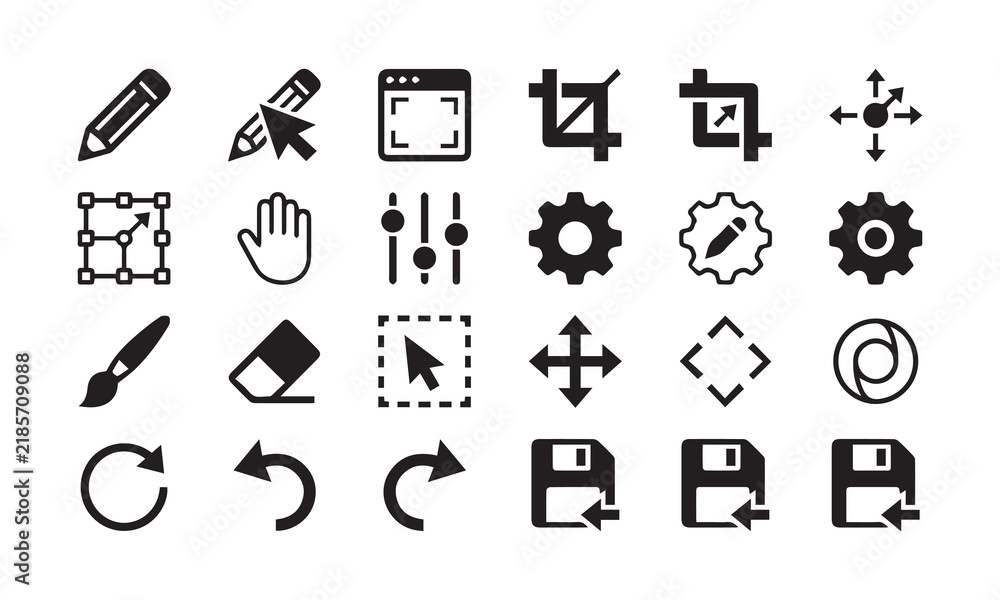 Fototapeta premium Modern interface icons for web design and software, featuring editing and system tools.