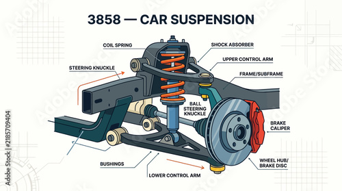 Car suspension diagram showing detailed automotive mechanical parts and components structure