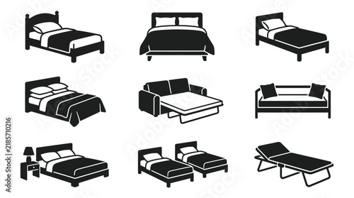 Black and white bed icons set depicting various furniture styles and types for interior design