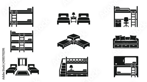 Bed icons set showing various furniture types including bunk beds and single beds